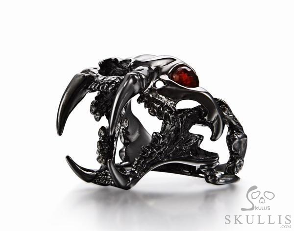 Fang Black Rutanium 925 Sterling Silver Plated Sabertooth Skull Ring with Garnet Eyes Fang Black Rutanium 925 Sterling Silver Plated Sabertooth Skull Ring with Garnet Eyes