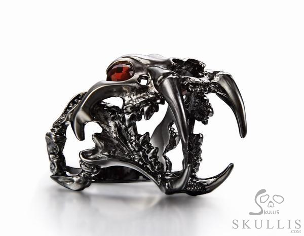 Fang Black Rutanium 925 Sterling Silver Plated Sabertooth Skull Ring with Garnet Eyes Fang Black Rutanium 925 Sterling Silver Plated Sabertooth Skull Ring with Garnet Eyes