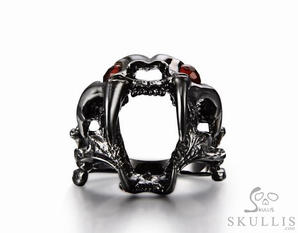 Fang Black Rutanium 925 Sterling Silver Plated Sabertooth Skull Ring with Garnet Eyes Fang Black Rutanium 925 Sterling Silver Plated Sabertooth Skull Ring with Garnet Eyes