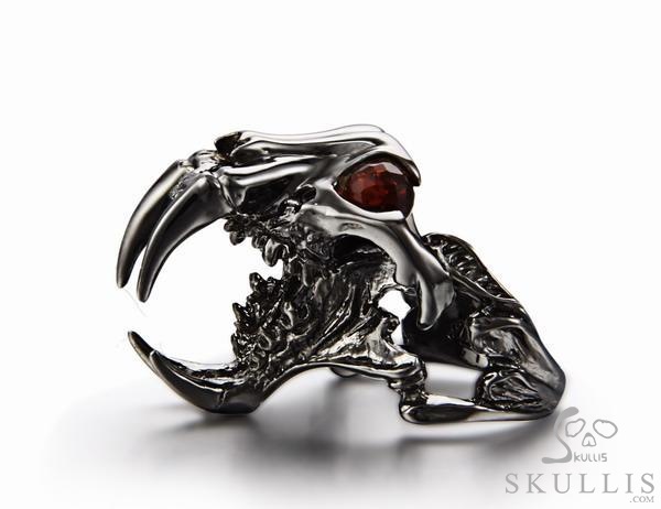 Fang Black Rutanium 925 Sterling Silver Plated Sabertooth Skull Ring with Garnet Eyes Fang Black Rutanium 925 Sterling Silver Plated Sabertooth Skull Ring with Garnet Eyes
