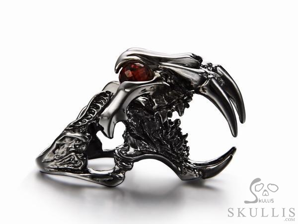 Fang Black Rutanium 925 Sterling Silver Plated Sabertooth Skull Ring with Garnet Eyes Fang Black Rutanium 925 Sterling Silver Plated Sabertooth Skull Ring with Garnet Eyes