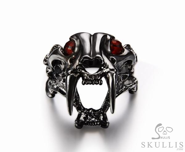 Fang Black Rutanium 925 Sterling Silver Plated Sabertooth Skull Ring with Garnet Eyes Fang Black Rutanium 925 Sterling Silver Plated Sabertooth Skull Ring with Garnet Eyes