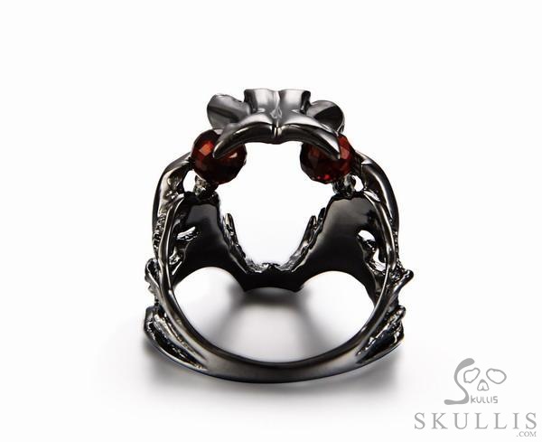 Fang Black Rutanium 925 Sterling Silver Plated Sabertooth Skull Ring with Garnet Eyes Fang Black Rutanium 925 Sterling Silver Plated Sabertooth Skull Ring with Garnet Eyes