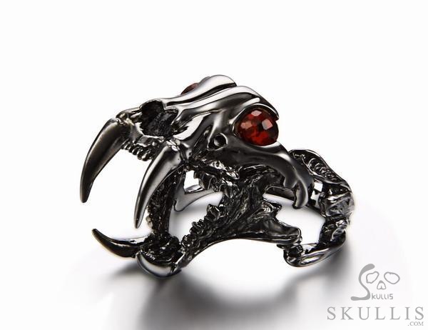 Fang Black Rutanium 925 Sterling Silver Plated Sabertooth Skull Ring with Garnet Eyes Fang Black Rutanium 925 Sterling Silver Plated Sabertooth Skull Ring with Garnet Eyes