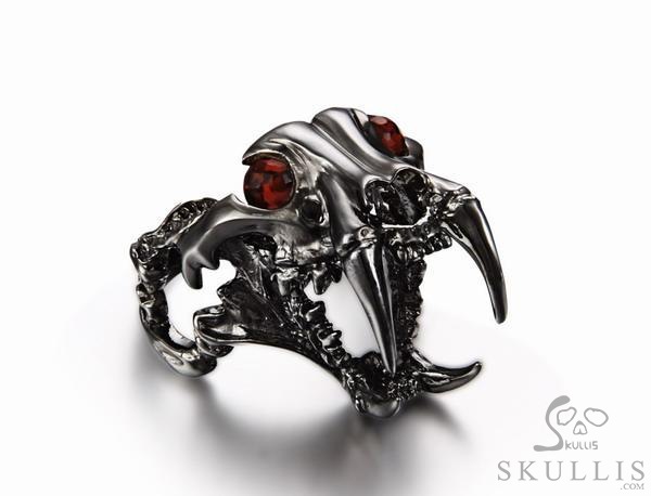Fang Black Rutanium 925 Sterling Silver Plated Sabertooth Skull Ring with Garnet Eyes Fang Black Rutanium 925 Sterling Silver Plated Sabertooth Skull Ring with Garnet Eyes