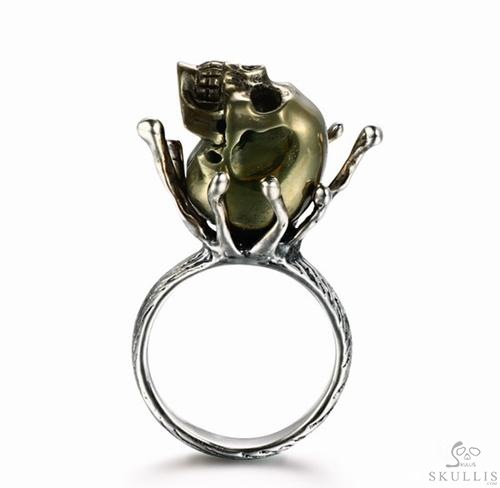 Pyrite & 925 Sterling Silver Carved Crystal Skull Ring with 925 Sterling Silver Pyrite & 925 Sterling Silver Carved Crystal Skull Ring with 925 Sterling Silver