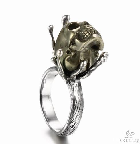 Pyrite & 925 Sterling Silver Carved Crystal Skull Ring with 925 Sterling Silver Pyrite & 925 Sterling Silver Carved Crystal Skull Ring with 925 Sterling Silver
