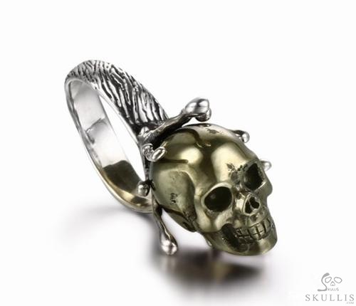 Pyrite & 925 Sterling Silver Carved Crystal Skull Ring with 925 Sterling Silver Pyrite & 925 Sterling Silver Carved Crystal Skull Ring with 925 Sterling Silver