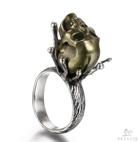 Pyrite & 925 Sterling Silver Carved Crystal Skull Ring with 925 Sterling Silver Pyrite & 925 Sterling Silver Carved Crystal Skull Ring with 925 Sterling Silver