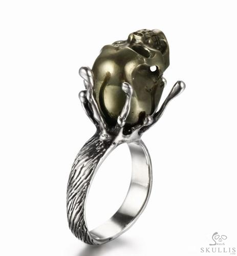 Pyrite & 925 Sterling Silver Carved Crystal Skull Ring with 925 Sterling Silver Pyrite & 925 Sterling Silver Carved Crystal Skull Ring with 925 Sterling Silver