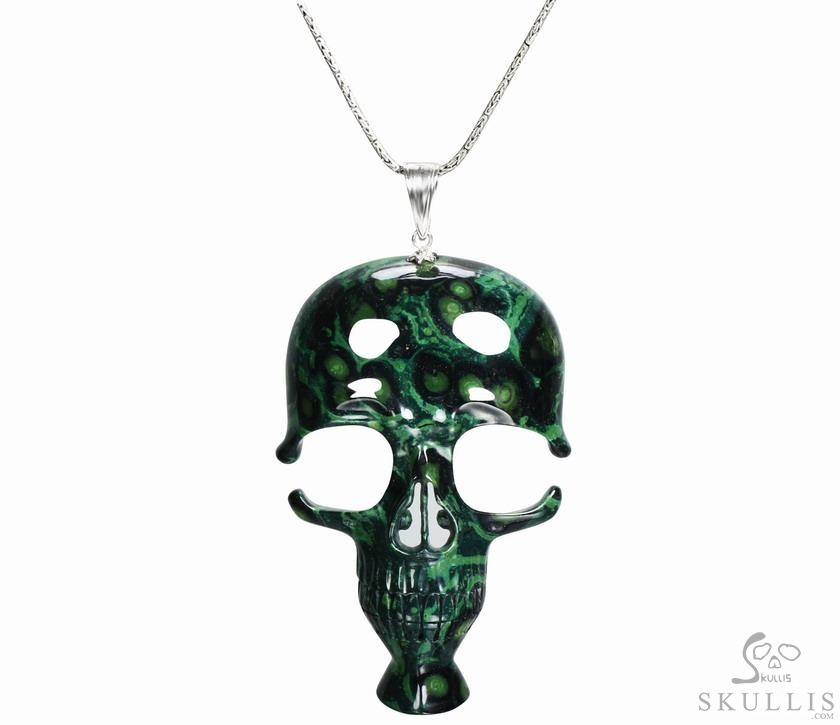 NEW STYLE HUGE 5.2" Kambaba Jasper & 925 Sterling Silver Carved Crystal Skull Mask Pendant with 925 Sterling Silver NEW STYLE HUGE 5.2" Kambaba Jasper & 925 Sterling Silver Carved Crystal Skull Mask Pendant with 925 Sterling Silver