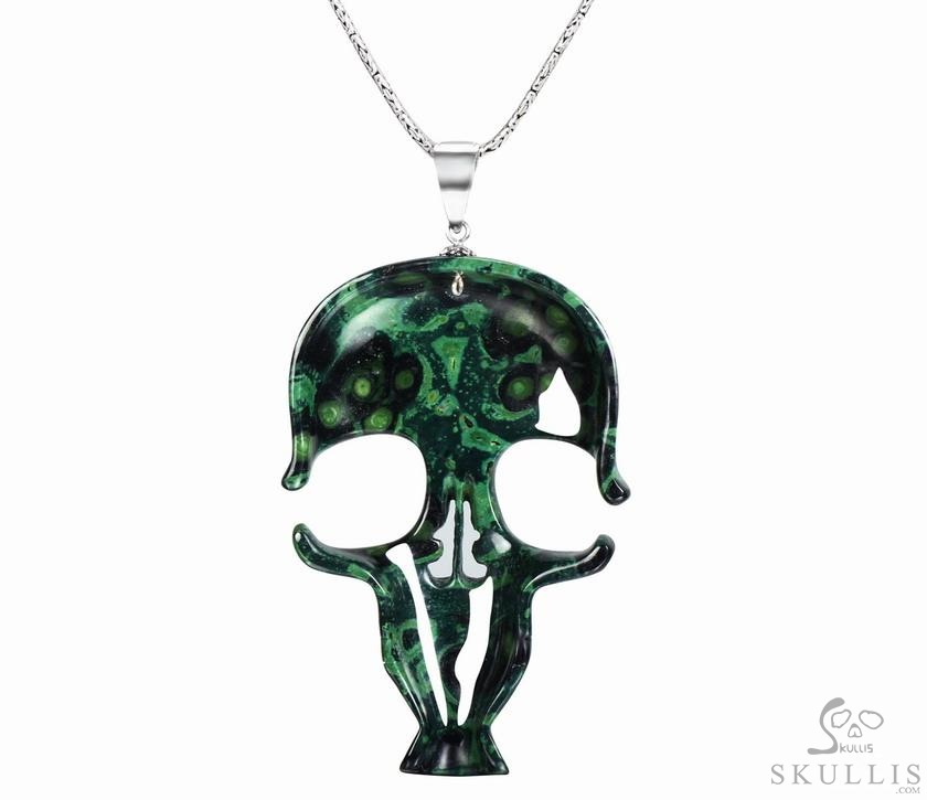 NEW STYLE HUGE 5.2" Kambaba Jasper & 925 Sterling Silver Carved Crystal Skull Mask Pendant with 925 Sterling Silver NEW STYLE HUGE 5.2" Kambaba Jasper & 925 Sterling Silver Carved Crystal Skull Mask Pendant with 925 Sterling Silver
