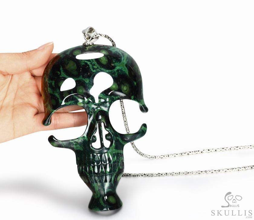 NEW STYLE HUGE 5.2" Kambaba Jasper & 925 Sterling Silver Carved Crystal Skull Mask Pendant with 925 Sterling Silver NEW STYLE HUGE 5.2" Kambaba Jasper & 925 Sterling Silver Carved Crystal Skull Mask Pendant with 925 Sterling Silver