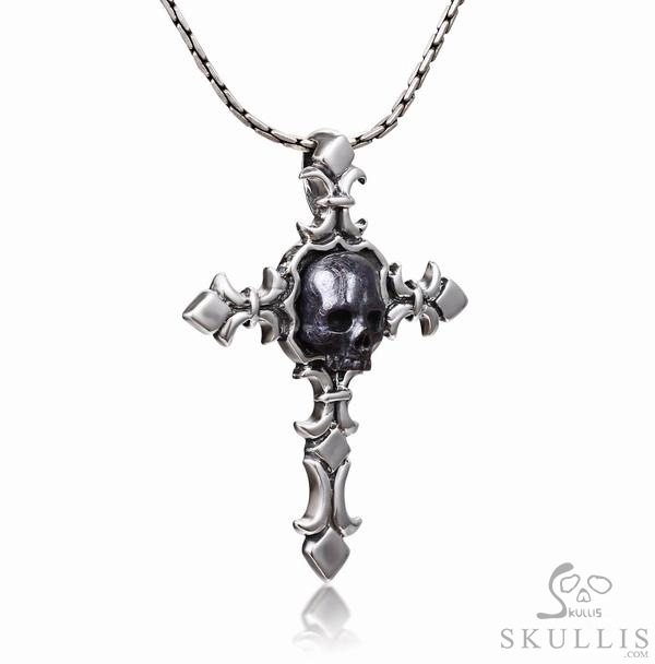 Sapphire & 925 Sterling Silver Carved Crystal Skull on 925 Sterling Silver Cross Pendant Sapphire & 925 Sterling Silver Carved Crystal Skull on 925 Sterling Silver Cross Pendant