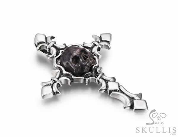 Sapphire & 925 Sterling Silver Carved Crystal Skull on 925 Sterling Silver Cross Pendant Sapphire & 925 Sterling Silver Carved Crystal Skull on 925 Sterling Silver Cross Pendant