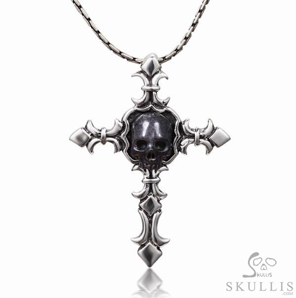 Sapphire & 925 Sterling Silver Carved Crystal Skull on 925 Sterling Silver Cross Pendant Sapphire & 925 Sterling Silver Carved Crystal Skull on 925 Sterling Silver Cross Pendant