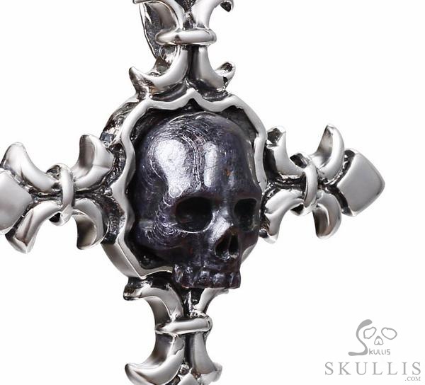 Sapphire & 925 Sterling Silver Carved Crystal Skull on 925 Sterling Silver Cross Pendant Sapphire & 925 Sterling Silver Carved Crystal Skull on 925 Sterling Silver Cross Pendant
