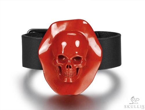 Red Jasper & 925 Sterling Silver Carved Crystal Skull with Leather Bracelet & 925 Sterling Silver Red Jasper & 925 Sterling Silver Carved Crystal Skull with Leather Bracelet & 925 Sterling Silver