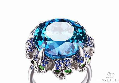Circle of Fate - Blue Topaz with Sapphire and Tsavorite in 925 Sterling Silver Skulls Ring, Crystal Healing Skull Jewelry, for Women & Men Circle of Fate - Blue Topaz with Sapphire and Tsavorite in 925 Sterling Silver Skulls Ring, Crystal Healing Skull Jewelry, for Women & Men