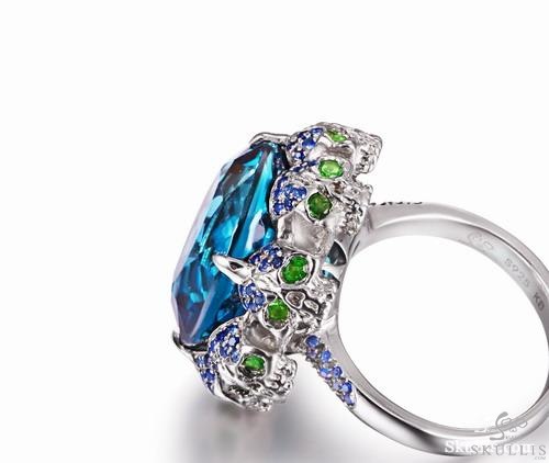Circle of Fate - Blue Topaz with Sapphire and Tsavorite in 925 Sterling Silver Skulls Ring, Crystal Healing Skull Jewelry, for Women & Men Circle of Fate - Blue Topaz with Sapphire and Tsavorite in 925 Sterling Silver Skulls Ring, Crystal Healing Skull Jewelry, for Women & Men
