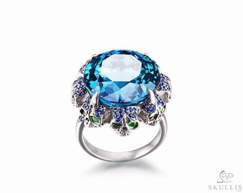 Circle of Fate - Blue Topaz with Sapphire and Tsavorite in 925 Sterling Silver Skulls Ring, Crystal Healing Skull Jewelry, for Women & Men Circle of Fate - Blue Topaz with Sapphire and Tsavorite in 925 Sterling Silver Skulls Ring, Crystal Healing Skull Jewelry, for Women & Men