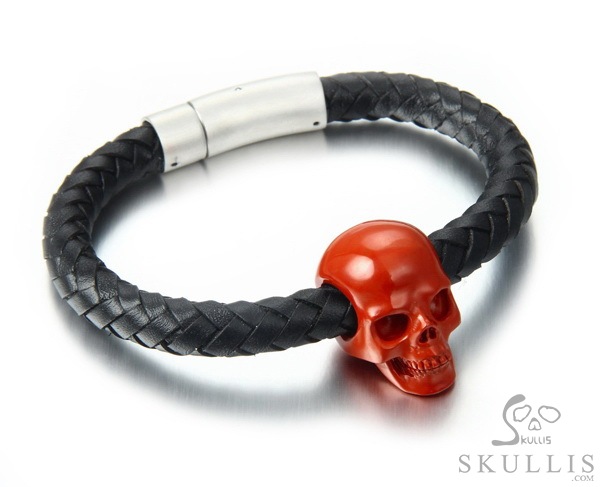 The Core of the Vortex - Bracelet of Red Jasper Hand Carved Gemstone Crystal Skull on Genuine Leather, Crystal Healing Skull Jewelry, for Women & Men The Core of the Vortex - Bracelet of Red Jasper Hand Carved Gemstone Crystal Skull on Genuine Leather, Crystal Healing Skull Jewelry, for Women & Men