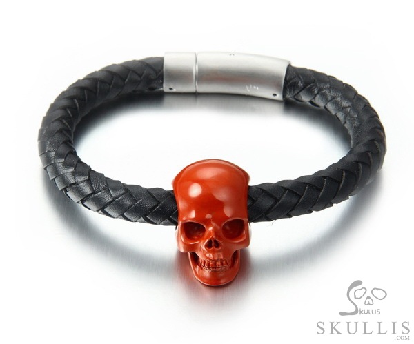 The Core of the Vortex - Bracelet of Red Jasper Hand Carved Gemstone Crystal Skull on Genuine Leather, Crystal Healing Skull Jewelry, for Women & Men The Core of the Vortex - Bracelet of Red Jasper Hand Carved Gemstone Crystal Skull on Genuine Leather, Crystal Healing Skull Jewelry, for Women & Men