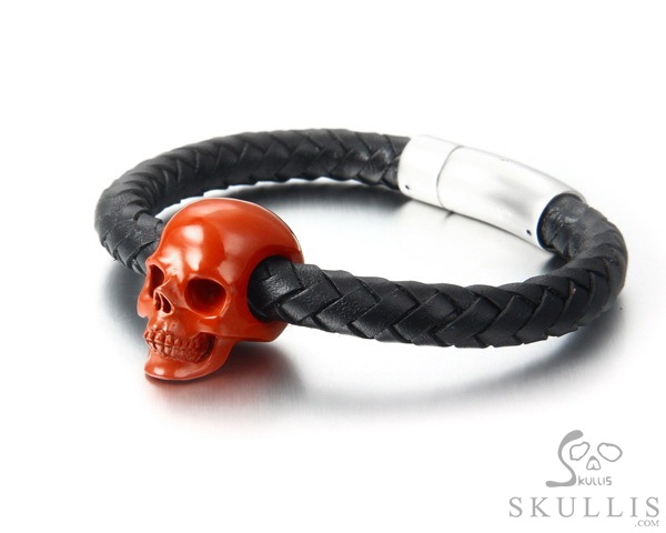 The Core of the Vortex - Bracelet of Red Jasper Hand Carved Gemstone Crystal Skull on Genuine Leather, Crystal Healing Skull Jewelry, for Women & Men The Core of the Vortex - Bracelet of Red Jasper Hand Carved Gemstone Crystal Skull on Genuine Leather, Crystal Healing Skull Jewelry, for Women & Men