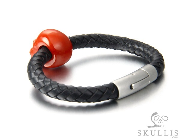 The Core of the Vortex - Bracelet of Red Jasper Hand Carved Gemstone Crystal Skull on Genuine Leather, Crystal Healing Skull Jewelry, for Women & Men The Core of the Vortex - Bracelet of Red Jasper Hand Carved Gemstone Crystal Skull on Genuine Leather, Crystal Healing Skull Jewelry, for Women & Men
