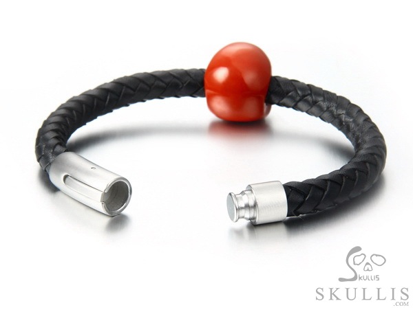 The Core of the Vortex - Bracelet of Red Jasper Hand Carved Gemstone Crystal Skull on Genuine Leather, Crystal Healing Skull Jewelry, for Women & Men The Core of the Vortex - Bracelet of Red Jasper Hand Carved Gemstone Crystal Skull on Genuine Leather, Crystal Healing Skull Jewelry, for Women & Men