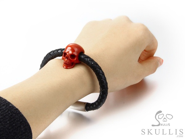 The Core of the Vortex - Bracelet of Red Jasper Hand Carved Gemstone Crystal Skull on Genuine Leather, Crystal Healing Skull Jewelry, for Women & Men The Core of the Vortex - Bracelet of Red Jasper Hand Carved Gemstone Crystal Skull on Genuine Leather, Crystal Healing Skull Jewelry, for Women & Men