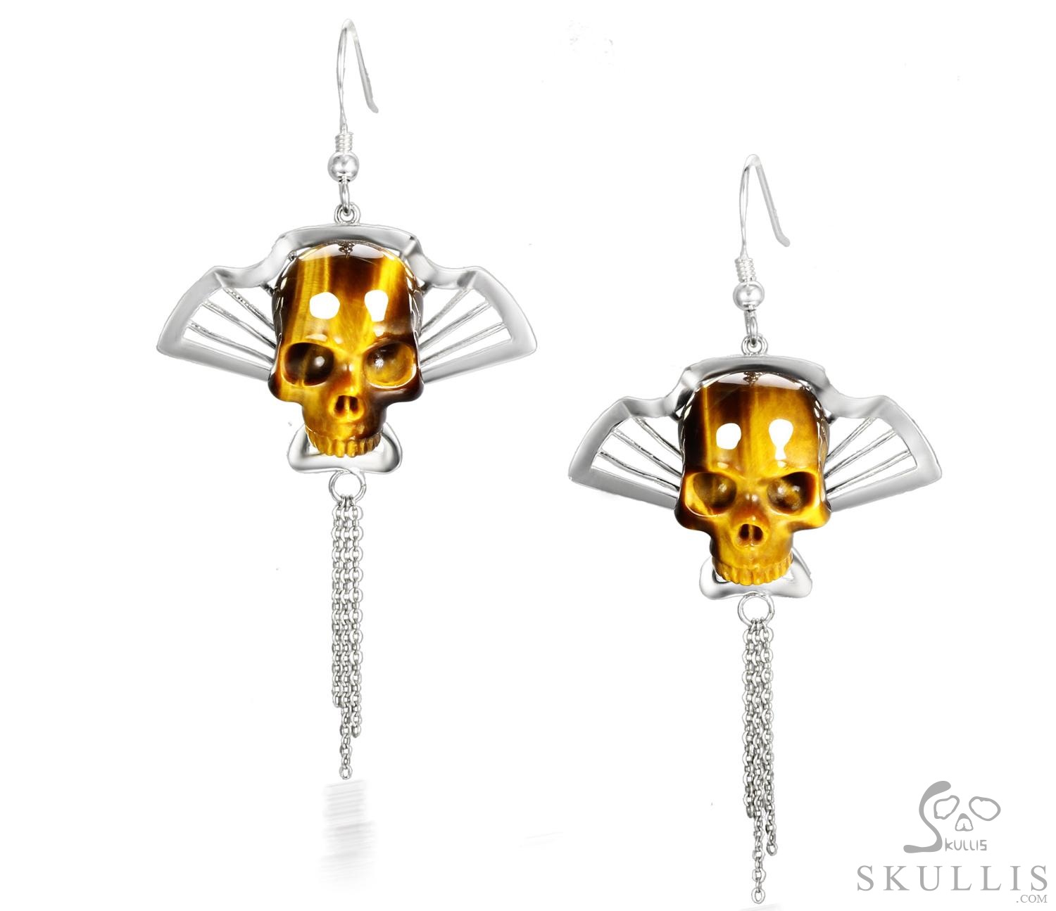 Whispers of the Golden Masquerade - Gold Tiger Eye & 925 Sterling Silver Hand Carved Crystal Skull Earrings, Crystal Healing Skull Jewelry, for Women & Men Whispers of the Golden Masquerade - Gold Tiger Eye & 925 Sterling Silver Hand Carved Crystal Skull Earrings, Crystal Healing Skull Jewelry, for Women & Men