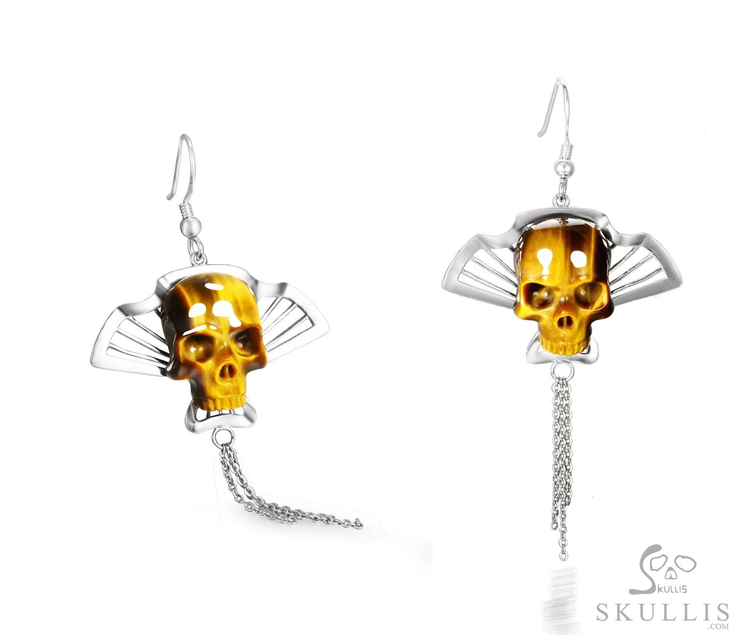 Whispers of the Golden Masquerade - Gold Tiger Eye & 925 Sterling Silver Hand Carved Crystal Skull Earrings, Crystal Healing Skull Jewelry, for Women & Men Whispers of the Golden Masquerade - Gold Tiger Eye & 925 Sterling Silver Hand Carved Crystal Skull Earrings, Crystal Healing Skull Jewelry, for Women & Men