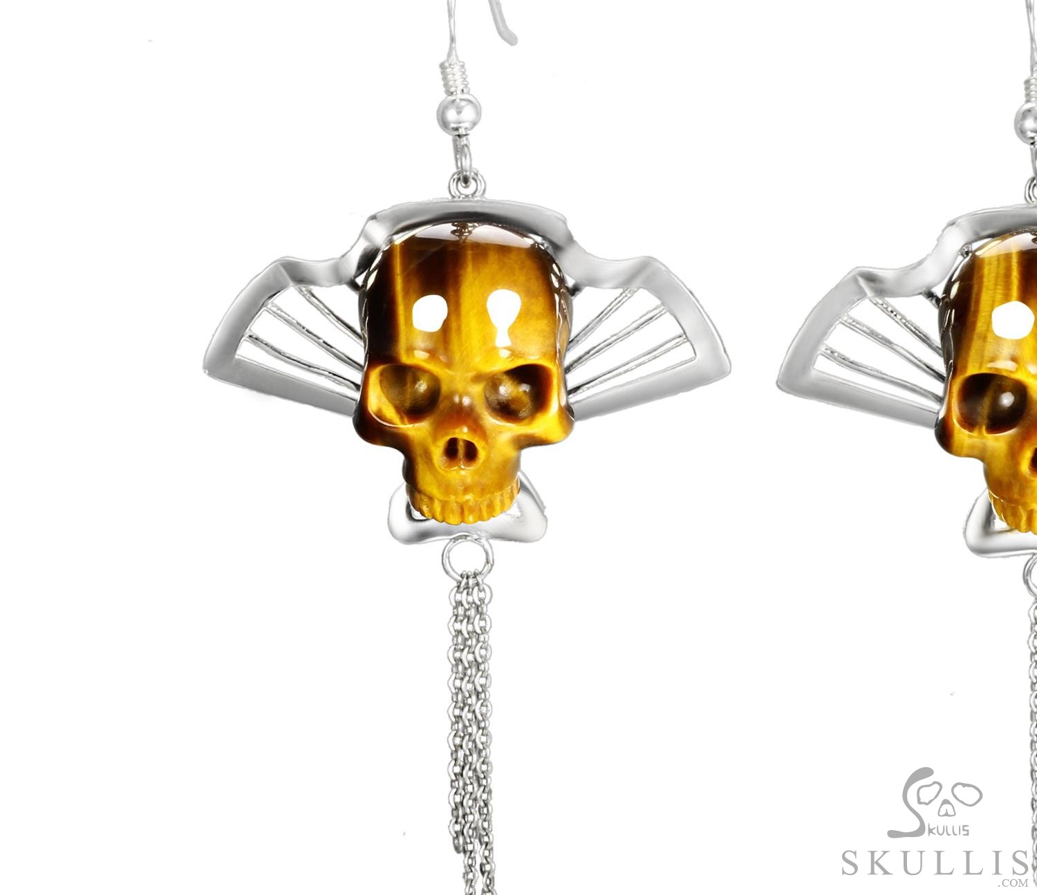 Whispers of the Golden Masquerade - Gold Tiger Eye & 925 Sterling Silver Hand Carved Crystal Skull Earrings, Crystal Healing Skull Jewelry, for Women & Men Whispers of the Golden Masquerade - Gold Tiger Eye & 925 Sterling Silver Hand Carved Crystal Skull Earrings, Crystal Healing Skull Jewelry, for Women & Men