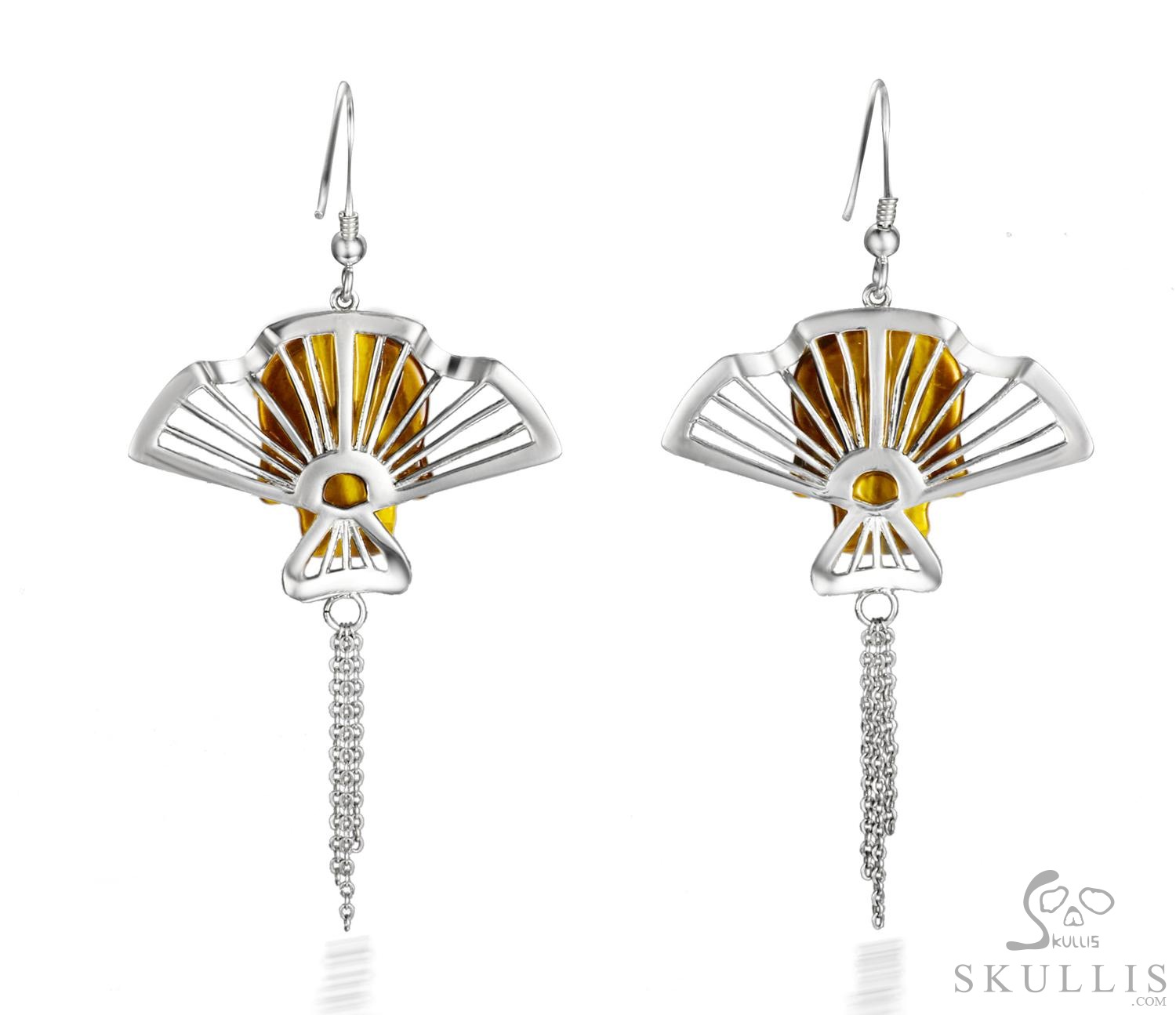 Whispers of the Golden Masquerade - Gold Tiger Eye & 925 Sterling Silver Hand Carved Crystal Skull Earrings, Crystal Healing Skull Jewelry, for Women & Men Whispers of the Golden Masquerade - Gold Tiger Eye & 925 Sterling Silver Hand Carved Crystal Skull Earrings, Crystal Healing Skull Jewelry, for Women & Men