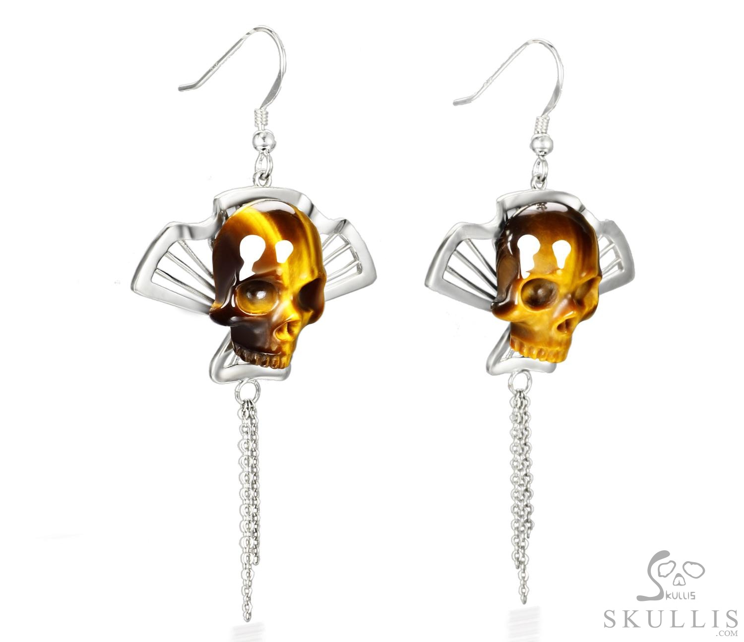 Whispers of the Golden Masquerade - Gold Tiger Eye & 925 Sterling Silver Hand Carved Crystal Skull Earrings, Crystal Healing Skull Jewelry, for Women & Men Whispers of the Golden Masquerade - Gold Tiger Eye & 925 Sterling Silver Hand Carved Crystal Skull Earrings, Crystal Healing Skull Jewelry, for Women & Men