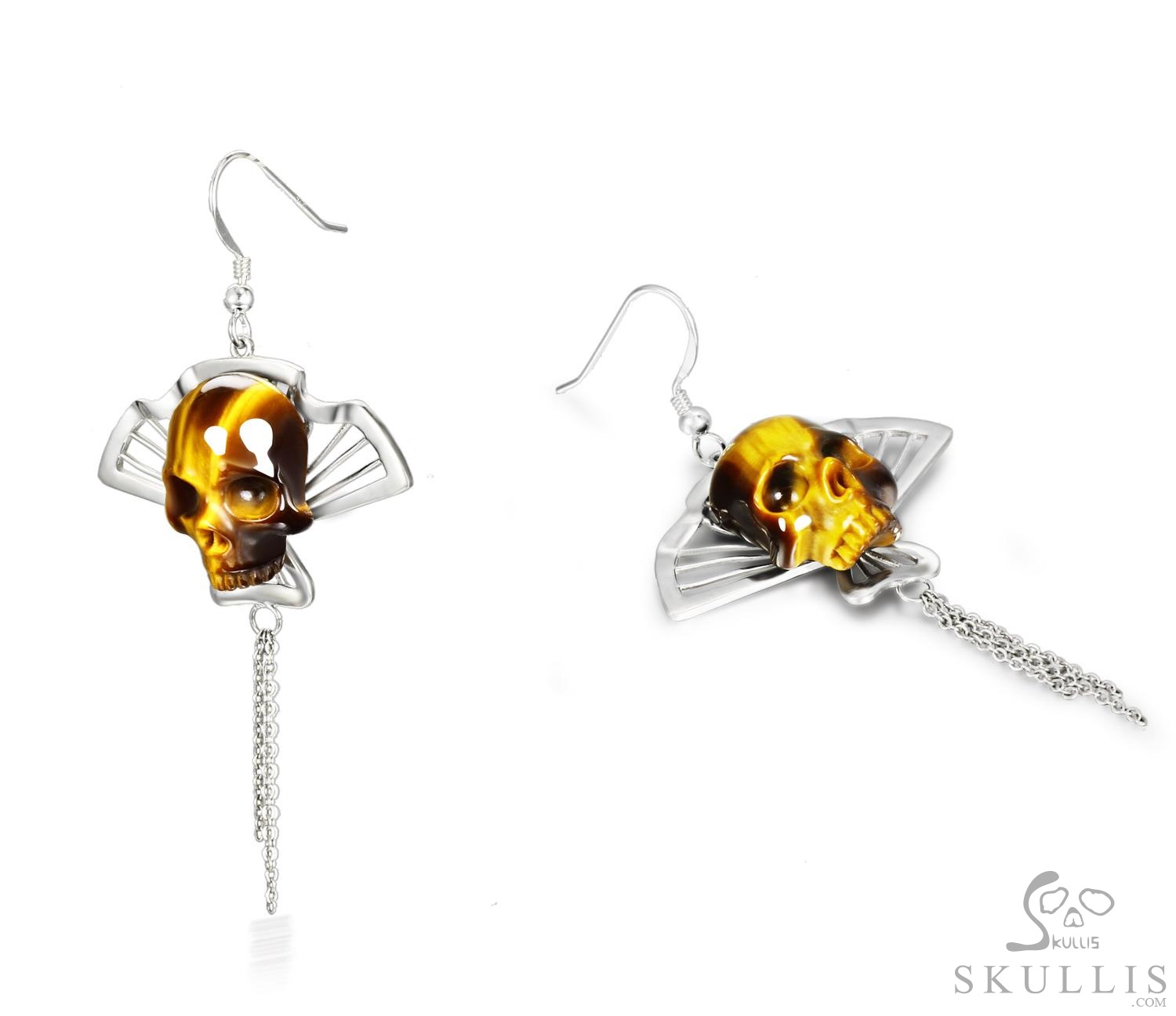 Whispers of the Golden Masquerade - Gold Tiger Eye & 925 Sterling Silver Hand Carved Crystal Skull Earrings, Crystal Healing Skull Jewelry, for Women & Men Whispers of the Golden Masquerade - Gold Tiger Eye & 925 Sterling Silver Hand Carved Crystal Skull Earrings, Crystal Healing Skull Jewelry, for Women & Men