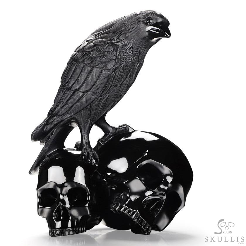 6.3" Black Obsidian Carved Crystal Double Skulls With Raven Standing Scupture, Crystal Healing 6.3" Black Obsidian Carved Crystal Double Skulls With Raven Standing Scupture, Crystal Healing