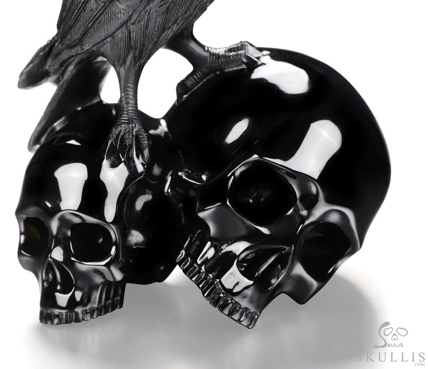 6.3" Black Obsidian Carved Crystal Double Skulls With Raven Standing Scupture, Crystal Healing 6.3" Black Obsidian Carved Crystal Double Skulls With Raven Standing Scupture, Crystal Healing