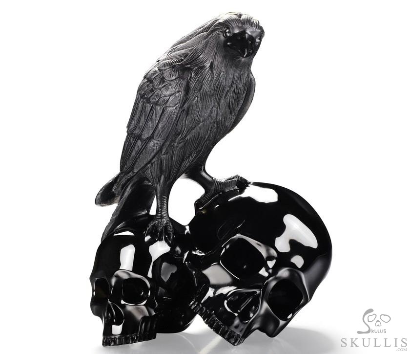 6.3" Black Obsidian Carved Crystal Double Skulls With Raven Standing Scupture, Crystal Healing 6.3" Black Obsidian Carved Crystal Double Skulls With Raven Standing Scupture, Crystal Healing