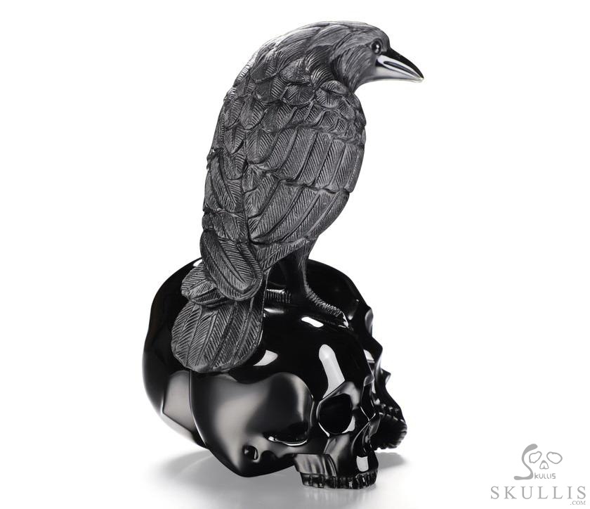 6.3" Black Obsidian Carved Crystal Double Skulls With Raven Standing Scupture, Crystal Healing 6.3" Black Obsidian Carved Crystal Double Skulls With Raven Standing Scupture, Crystal Healing