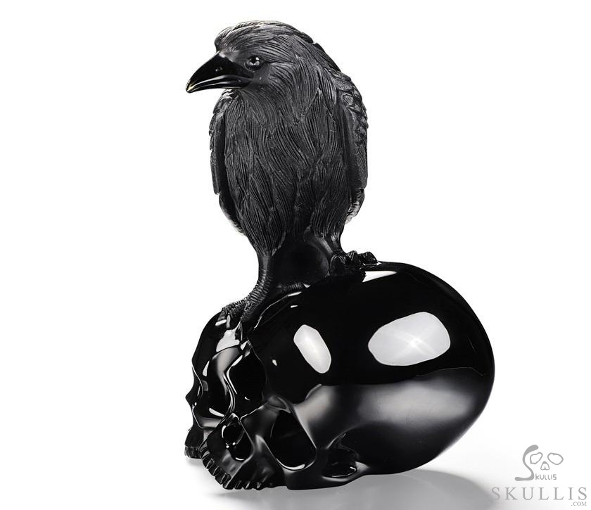 6.3" Black Obsidian Carved Crystal Double Skulls With Raven Standing Scupture, Crystal Healing 6.3" Black Obsidian Carved Crystal Double Skulls With Raven Standing Scupture, Crystal Healing