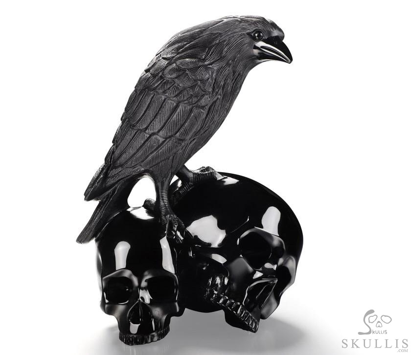6.3" Black Obsidian Carved Crystal Double Skulls With Raven Standing Scupture, Crystal Healing 6.3" Black Obsidian Carved Crystal Double Skulls With Raven Standing Scupture, Crystal Healing