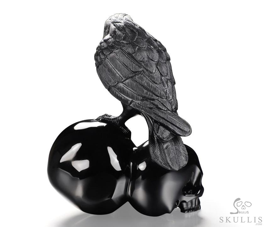 6.3" Black Obsidian Carved Crystal Double Skulls With Raven Standing Scupture, Crystal Healing 6.3" Black Obsidian Carved Crystal Double Skulls With Raven Standing Scupture, Crystal Healing
