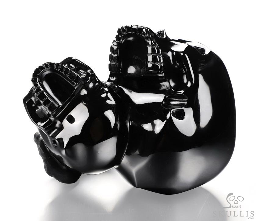 6.3" Black Obsidian Carved Crystal Double Skulls With Raven Standing Scupture, Crystal Healing 6.3" Black Obsidian Carved Crystal Double Skulls With Raven Standing Scupture, Crystal Healing