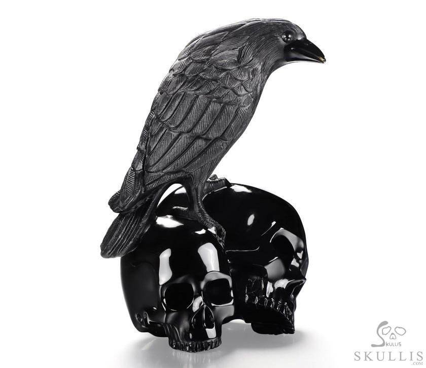 6.3" Black Obsidian Carved Crystal Double Skulls With Raven Standing Scupture, Crystal Healing 6.3" Black Obsidian Carved Crystal Double Skulls With Raven Standing Scupture, Crystal Healing