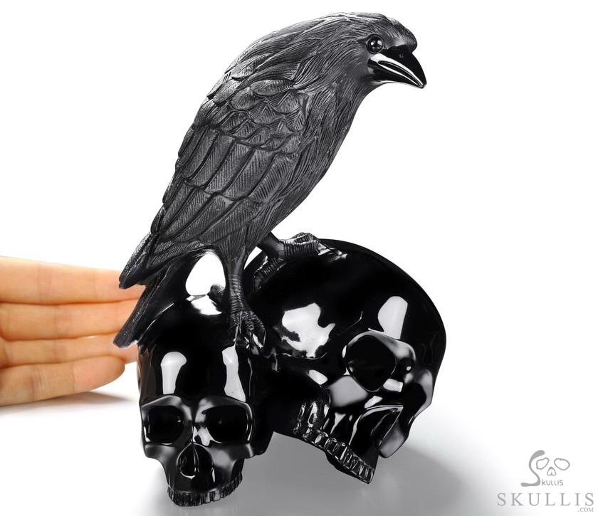 6.3" Black Obsidian Carved Crystal Double Skulls With Raven Standing Scupture, Crystal Healing 6.3" Black Obsidian Carved Crystal Double Skulls With Raven Standing Scupture, Crystal Healing