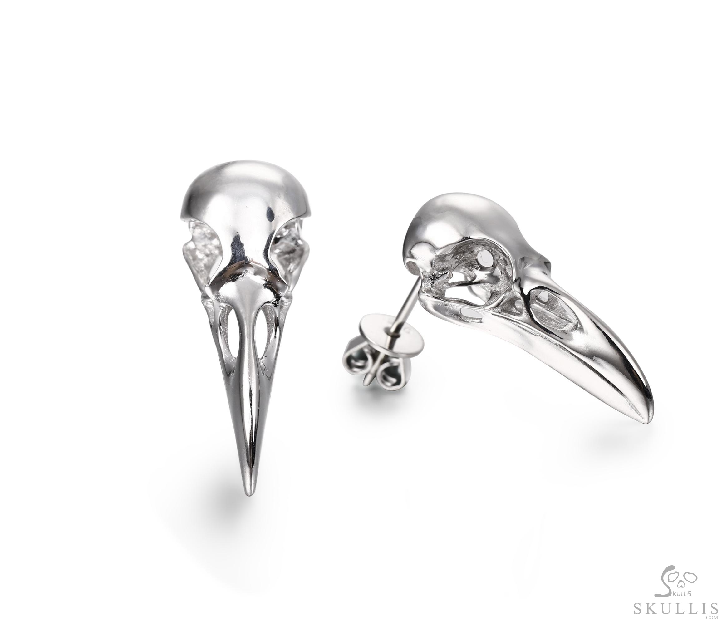 Tiny 0.9" 925 Sterling Silver Raven Skull Earrings Tiny 0.9" 925 Sterling Silver Raven Skull Earrings