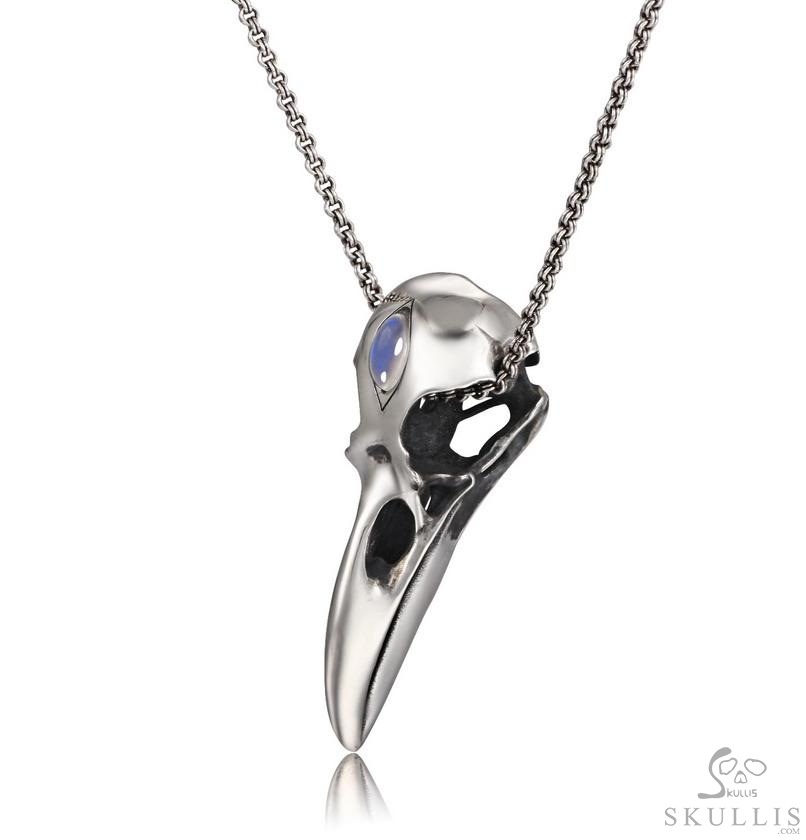 Night Pathfinder - 925 Sterling Silver Raven Skull Pendant with Moonstone inlay, Skull Jewelry, for Women & Men Night Pathfinder - 925 Sterling Silver Raven Skull Pendant with Moonstone inlay, Skull Jewelry, for Women & Men