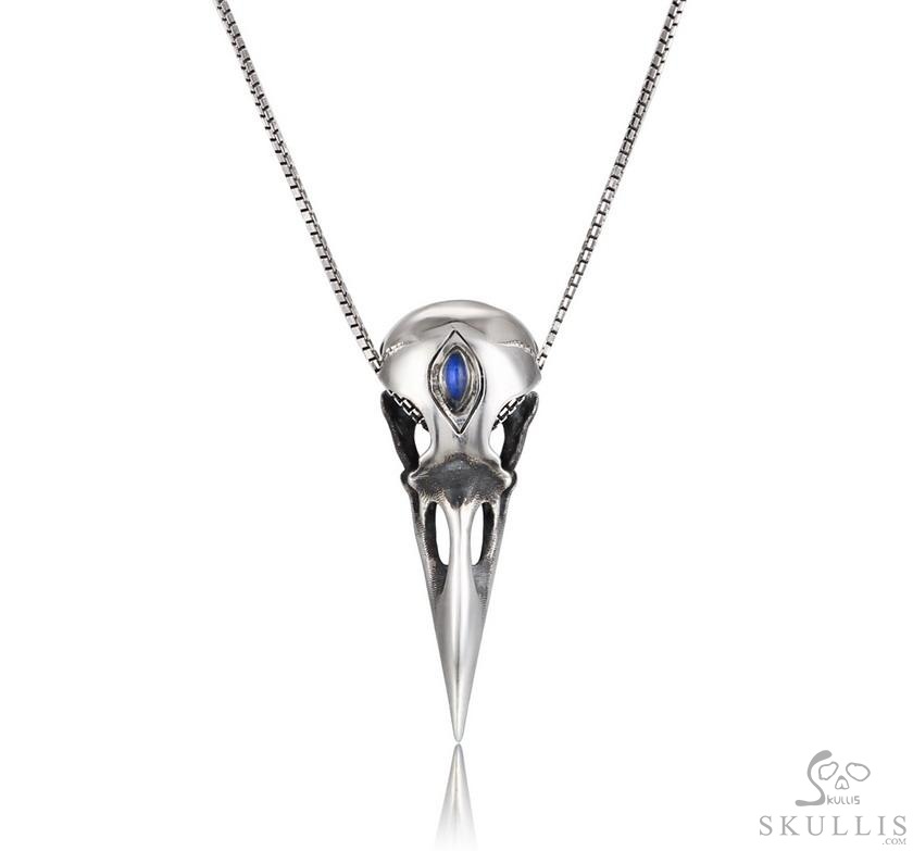 Night Pathfinder - 925 Sterling Silver Raven Skull Necklace With Moonstone Inlay, Skull Jewelry, for Women & Men Night Pathfinder - 925 Sterling Silver Raven Skull Necklace With Moonstone Inlay, Skull Jewelry, for Women & Men